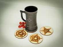Load image into Gallery viewer, Wooden Coaster laser engraved with Eldritch Horror pentagram and Cthulhu designs – Set of 4
