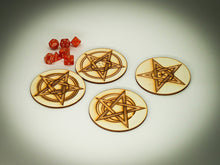 Load image into Gallery viewer, Wooden Coaster laser engraved with Eldritch Horror pentagram and Cthulhu designs – Set of 4
